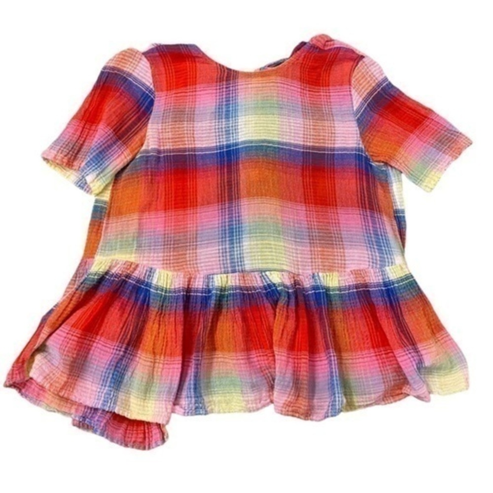 Zara Woman Gauzy Cotton Rainbow Plaid Tie Back top Peplum Ruffle blouse xs